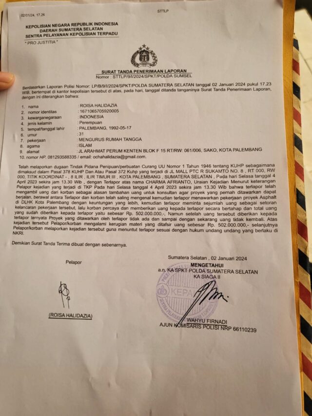 Janjikan proyek Charma Aprianto Bacalon Wako Palembang dilaporkan ke Polda