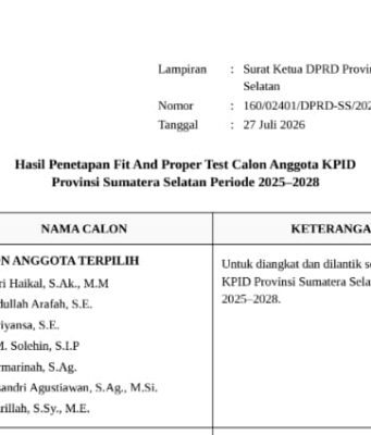 Berkas Sudah di Meja Gubernur, Pelantikan 7 Anggota KPID Sumsel Segera Digelar